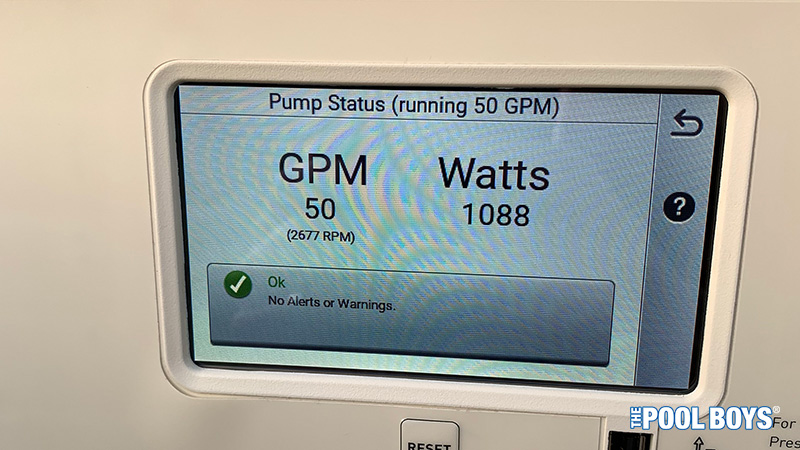 Pentair VS Pump settings screen showing 50 GPM water flow